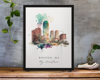 Boston traditional travel art - Mass, Boston poster, Wedding gift, Birthday present, Custom Text, Personalised Gift