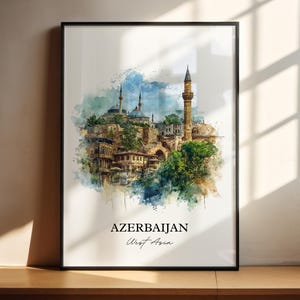 Arte mural de Azerbaiyán, impresión de Azerbaiyán, acuarela de Azerbaiyán, regalo de Azerbaiyán, impresión de viaje, póster de viaje, regalo de inauguración de la casa