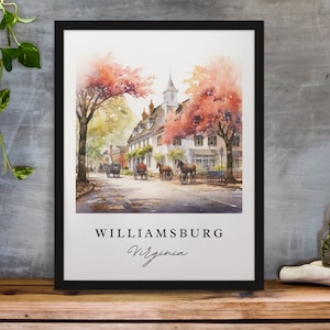 Arte de viaje tradicional de Williamsburg - Virginia, póster de Williamsburg, regalo de boda, regalo de cumpleaños, texto personalizado, regalo personalizado