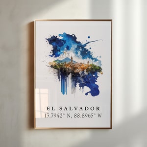 El Salvador watercolor art - Central America, El Salvador poster, Wedding gift, Birthday present, Custom Text, Personalized Gift