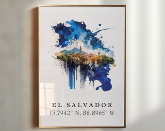 El Salvador watercolor art - Central America, El Salvador poster, Wedding gift, Birthday present, Custom Text, Personalized Gift