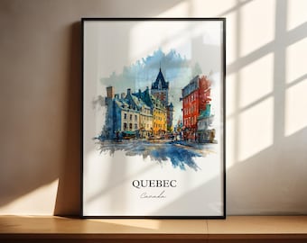 May include: Watercolor print of Quebec City, Canada, in a black frame. The artwork depicts colorful buildings and a street scene with a castle-like structure. The text "QUEBEC Canada" is at the bottom of the print.