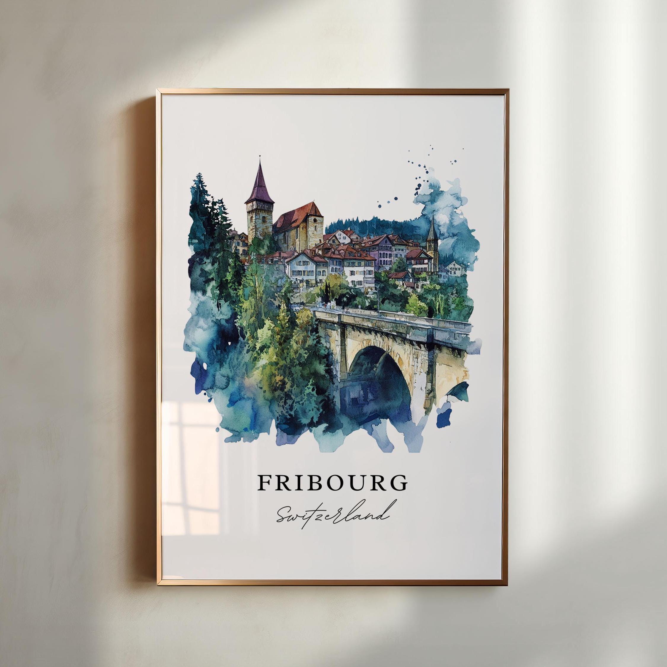 Fribourg Wall Art, Fribourg Switzerland Print, Fribourg Watercolor Art, La Sarine Gift, Travel Poster, Housewarming Gift