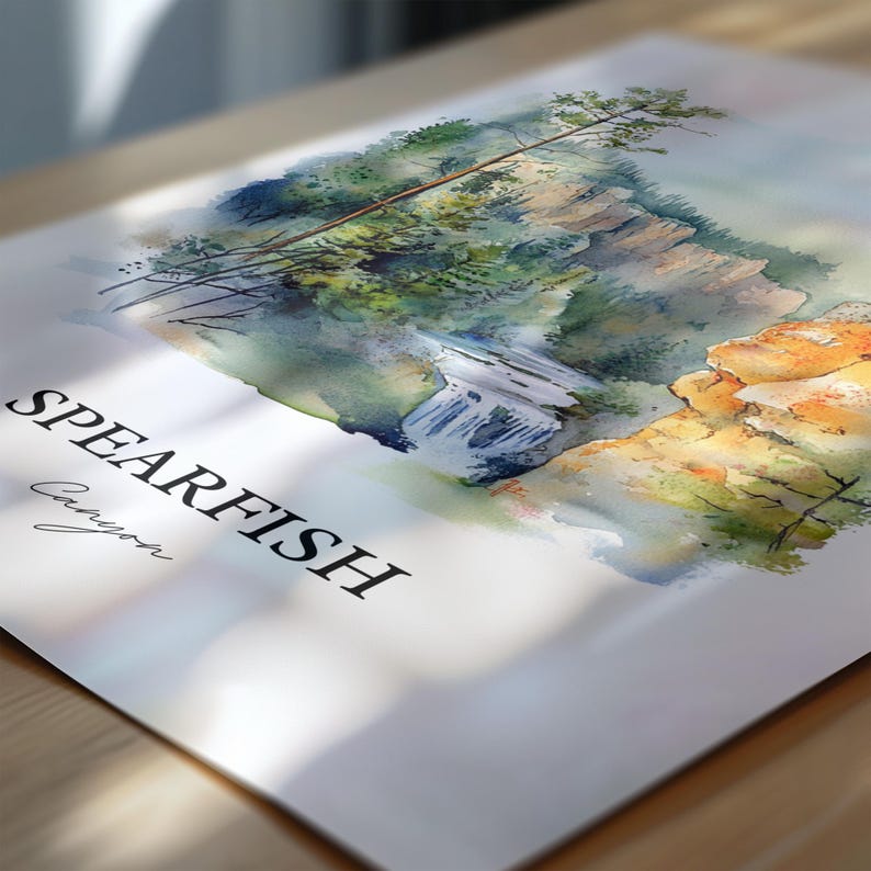 May include: Watercolor painting of a waterfall in Spearfish Canyon, South Dakota. The painting features a cascading waterfall surrounded by lush green trees and rocky cliffs. The text "Spearfish Canyon" is written in black at the bottom of the painting.