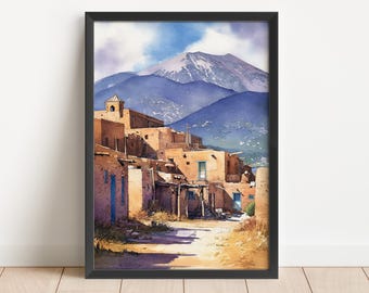 Arte em aquarela de Taos, Novo México, impressão de viagem em Taos, arte em Taos, Novo México, decoração em Taos, Novo México, arte de parede