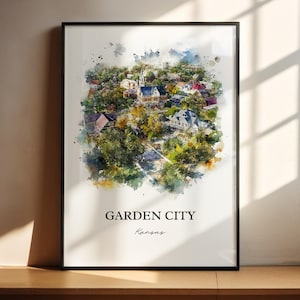Könnte beinhalten: Ein Aquarellbild von Garden City, Kansas. Das Bild zeigt eine Stadtlandschaft mit Gebäuden und Bäumen im Aquarellstil.