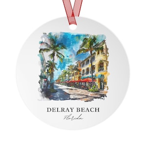 May include: A watercolor painting of a street scene in Delray Beach, Florida. The street is lined with palm trees and buildings with red awnings. The text "DELRAY BEACH Florida" is written below the image.