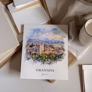 May include: A watercolor painting of the Alhambra palace in Granada, Spain. The painting is in a muted color palette with shades of brown, orange, and blue. The text "Granada" and "Spain" is written below the painting.