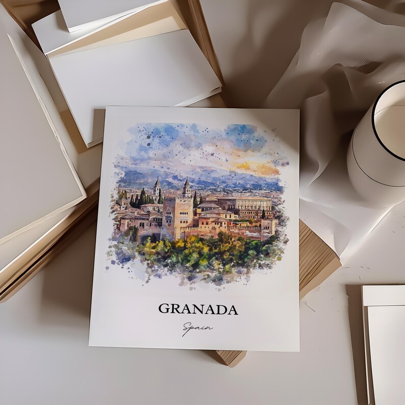 May include: A watercolor painting of the Alhambra palace in Granada, Spain. The painting is in a muted color palette with shades of brown, orange, and blue. The text "Granada" and "Spain" is written below the painting.