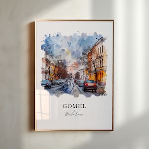 May include: A watercolor painting of a street scene in Gomel, Belarus. The painting features a street lined with buildings, cars, and trees. The sky is a light blue with white clouds. The text "GOMEL Belarus" is written in black at the bottom of the painting.