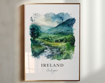 May include: A watercolor painting of a green valley in Ireland. The painting features a winding river, rolling hills, and a lush forest. The text "IRELAND Europe" is printed below the painting.