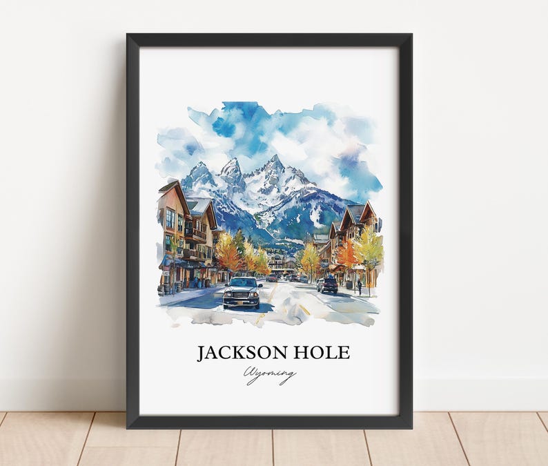 Väggkonst i Jackson Hole, tryck i Jackson, Wyoming, akvarellkonst i Wyoming, present till Jackson Hole, resetryck, reseaffisch, inflyttningspresent bild 4