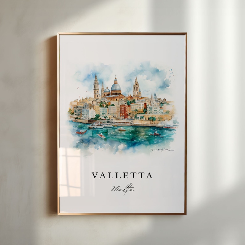 Stampa di Valletta Malta - Poster di viaggio con paesaggio urbano ad acquerello immagine 1