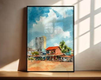 シアヌークビルの水彩画、カンボジアの旅行プリント、カンポンサオムの