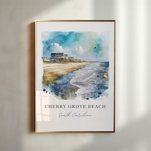 以下が含まれることがあります： 水上コテージ、砂浜、青い海の波が描かれた水彩画。絵の下には「CHERRY GROVE BEACH South Carolina」という文字が書かれている。