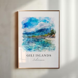 Op de afbeelding: Een aquarel schilderij van een tropisch eiland scène met turquoise water, een zandstrand en palmbomen. De tekst "Gili Islands, Indonesië" is onder de afbeelding gedrukt.