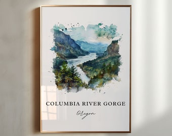May include: A watercolour painting of the Columbia River Gorge in Oregon. The painting depicts a river meandering through a valley with mountains in the background. The painting is surrounded by a white border.