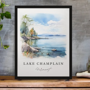 Lake Champlain traditional travel art - Vermont, Lake Champlain poster, Wedding gift, Birthday present, Custom Text, Personalised Gift