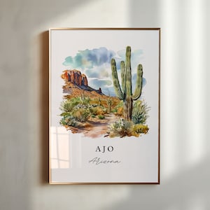 May include: A watercolor painting of a desert landscape with a large saguaro cactus in the foreground. The painting is set against a backdrop of mountains and a cloudy sky. The text "AJO Arizona" is written at the bottom of the painting.