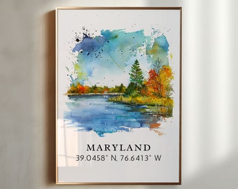 Maryland wall art - Maryland print with coordinates, Framed and Unframed Options - Wedding gift, Birthday present, Personalization Available