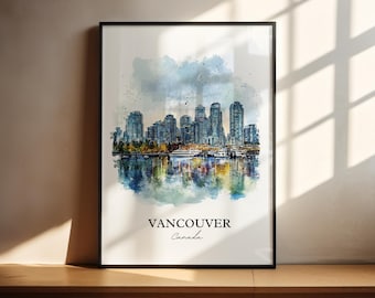 Kunst aan de muur Vancouver, Vancouver skyline print, British Columbia aquarel, Vancouver cadeau, reisprint, reisposter, housewarmingcadeau