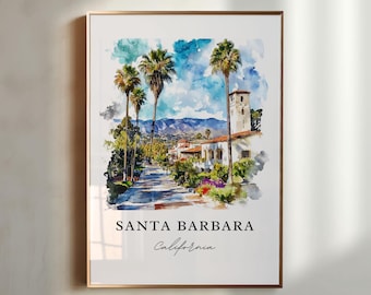 Santa Barbara Wall Art, Santa Barbara Print, Santa Barbara Watercolor Art, SoCal Gift, Travel Poster, Housewarming Gift