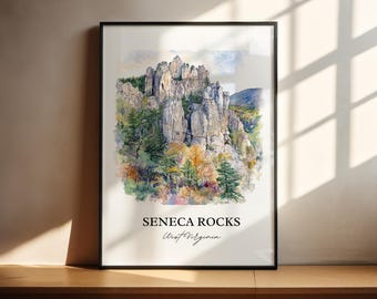 以下が含まれることがあります： ウェストバージニア州のセネカ・ロックスの水彩画が描かれた額入りのアートプリント。岩山とカラフルな木々や葉を描いた作品です。「SENECA ROCKS West Virginia」の文字が下部に印刷されています。