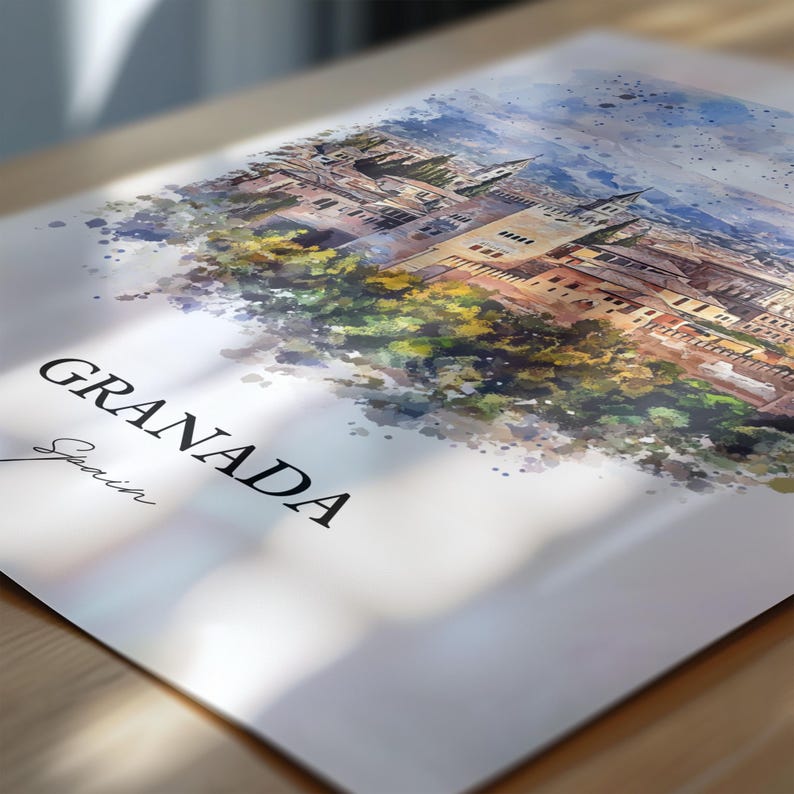 May include: A watercolor painting of the Alhambra palace in Granada, Spain. The painting is done in shades of blue, green, and brown, with a white background. The text "GRANADA" and "Spain" is written in black at the bottom of the painting.