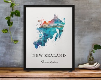 Póster de viaje de Nueva Zelanda - Mapa en acuarela