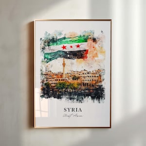 Syria Wall Art, Syria New Flag Print, Damascus Watercolor Art, Syria Country Gift, Travel Poster, Housewarming Gift
