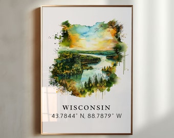 Wisconsin Art Print - Watercolor Art with Coordinates