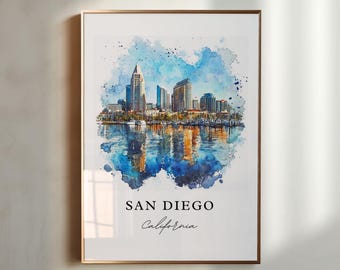 Sztuka ścienna San Diego, wydruk San Diego, Kalifornia, akwarele San Diego, prezent z San Diego, Kalifornia, plakat podróżniczy, prezent na parapetówkę