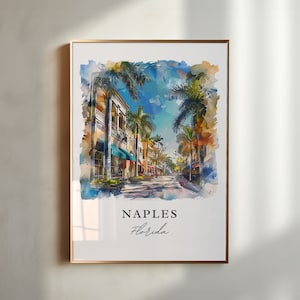 Puede incluir: Una pintura de acuarela de una escena callejera en Naples, Florida. La calle está bordeada de palmeras y edificios con toldos coloridos. El texto "Naples Florida" está escrito en la parte inferior de la pintura.