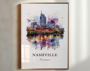 Sztuka ścienna z Nashville, Tennessee, Druk z Nashville, Akwarele z Nashville, Prezent z Nashville, Tennessee, Plakat podróżniczy, Prezent na parapetówkę