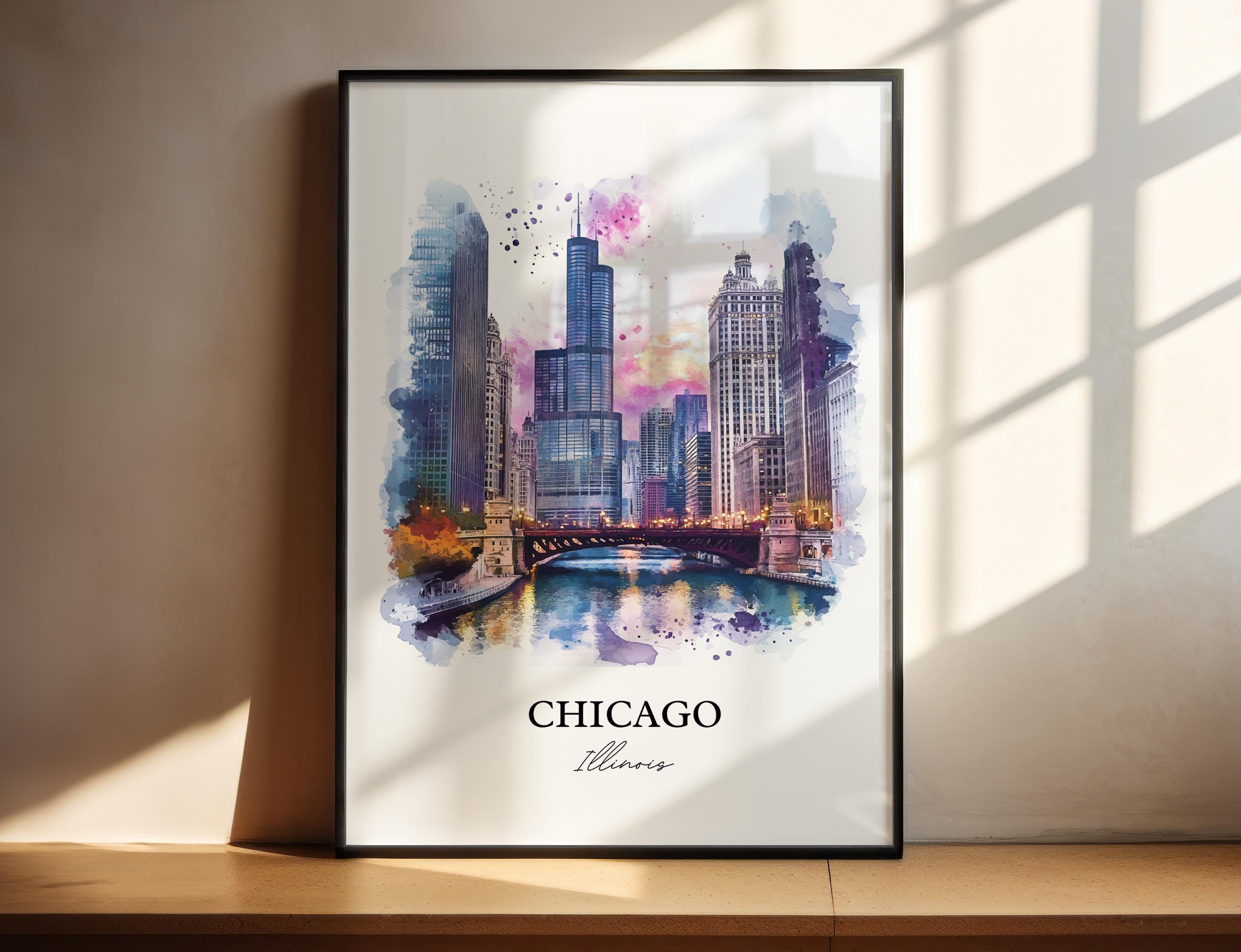 Chicago Wall Art, Chicago Print, Chicago Illinois Watercolor Art, Chicago Skyline Gift, Travel Print, Travel Poster, Housewarming Gift