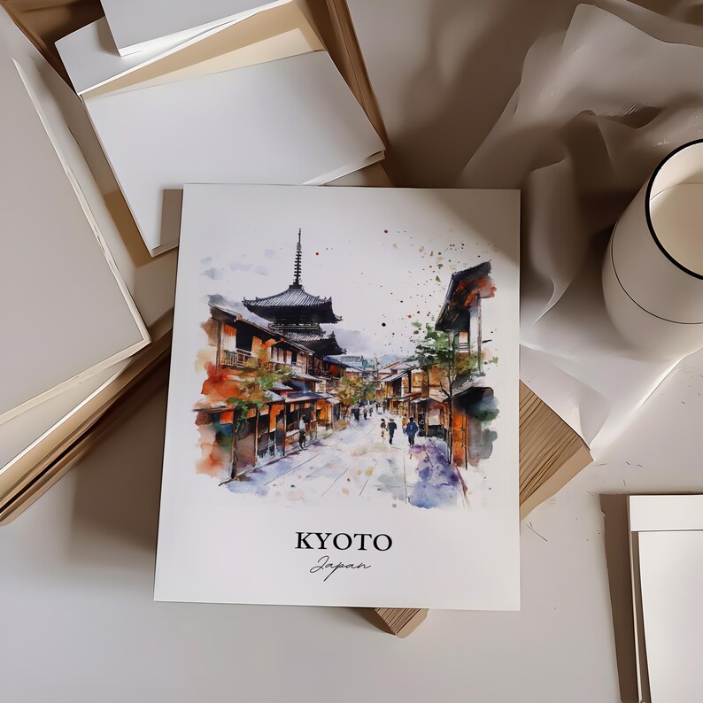 May include: A watercolor painting of a street scene in Kyoto, Japan. The painting features a traditional Japanese building with a pagoda roof, and a street lined with shops and people walking by. The painting is done in a soft, muted color palette, with shades of brown, gray, and blue.