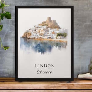 Lindos traditional travel art - Greece, Lindos poster, Wedding gift, Birthday present, Custom Text, Personalised Gift