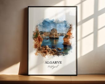 Lámina artística en acuarela del Algarve, Portugal, póster de viaje.