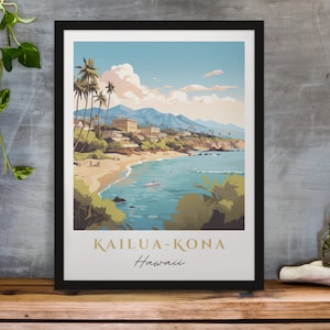 Kona traditional travel art - Hawaii, Kailua-Kona poster, Wedding gift, Birthday present, Custom Text, Personalized Gift