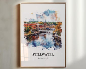 May include: A watercolor painting of the city of Stillwater, Minnesota. The painting features a river with a bridge, buildings, and trees. The text "STILLWATER" and "Minnesota" is written below the painting.