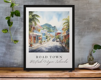 Road Town traditional travel art - BVI, Road Town British Virgin Islands poster, Wedding gift, Birthday present, Custom Text
