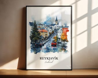 Lámina de acuarela de Reikiavik, póster de viaje de Islandia, regalo de inauguración de casa