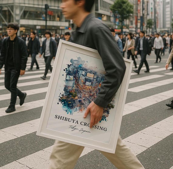 Shibuya Crossing Wall Art, Tokyo Japan Print, Tokyo Watercolor Art