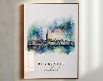 Lámina artística de Reikiavik, Islandia – Póster de paisaje urbano en acuarela