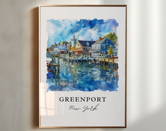 Arte mural de Greenport, NY, impresión de Greenport, acuarela de Greenport, regalo del condado de Suffolk, póster de viaje, regalo de inauguración de la casa