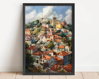 Sintra Portogallo Acquerello Arte Sintra Travel Stampa Sintra Portogallo Opera d'arte Sinta Skyline Decor Portogallo Wall Art