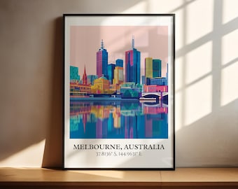 Sztuka Melbourne, Sztuka podróżnicza w stylu retro w Melbourne, Wystrój wnętrz w Melbourne, Prezent z Melbourne, Sztuka podróżnicza w Australii, Druki podróżnicze, Prezent na parapetówkę