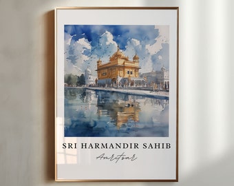 May include: A watercolor painting of the Golden Temple, also known as Sri Harmandir Sahib, in Amritsar, India. The temple is a beautiful golden structure with a reflecting pool in front of it. The painting is done in a realistic style and captures the beauty of the temple.