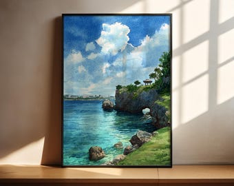 沖縄の水彩画 沖縄旅行プリント 沖縄日本アートワーク 沖縄ビーチ