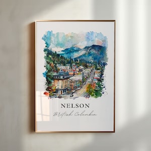 ネルソン BC ウォールアート、ネルソン ブリティッシュ コロンビア プリント、ネルソン 水彩画、セルカーク山脈ギフト、旅行ポスター、新築祝いギフト